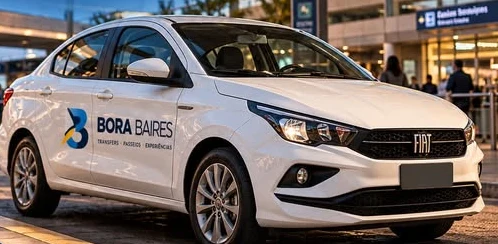 Carro sedã branco com a marca Bora Baires no aeroporto
